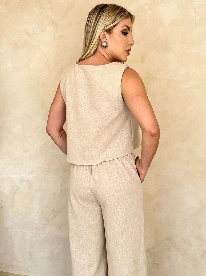 Conjunto Feminino Alfaiataria em Linho – Calça + Blusa Elegante
